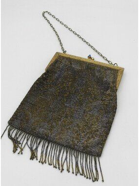 Vintage Antique Micro Beaded Purse Art Deco Evening Bag Gold Blue with Fringe